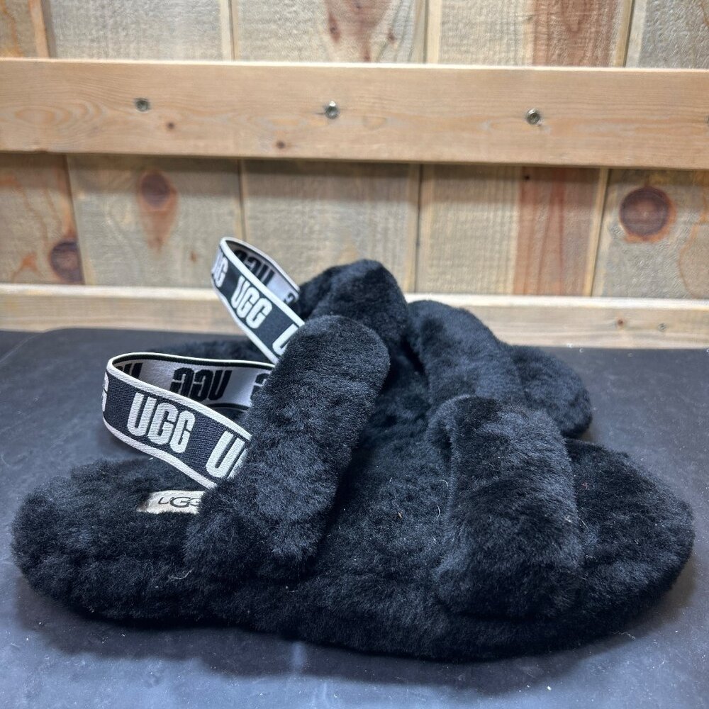 Ugg Womens Fluff Yeah Slide Sandals Black Faux Fur Size 5